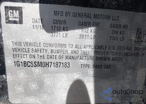 2017 Chevrolet Cruze Ls Auto из США, поврежденный, VIN 1G1BC5SM0H7187183